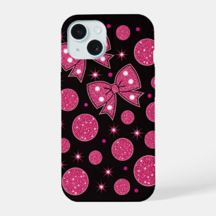 Hot Pink Glitter Bows & Polka Dots Chic iPhone 15 Case