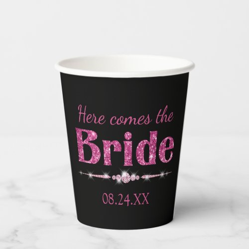 Hot Pink Glitter Bride and Diamonds on Black Paper Cups