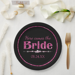 Hot Pink Glitter Bride and Diamonds on Black Paper Plates