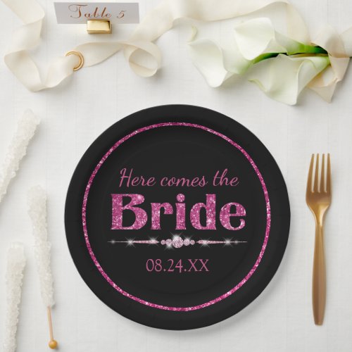 Hot Pink Glitter Bride and Diamonds on Black Paper Plates