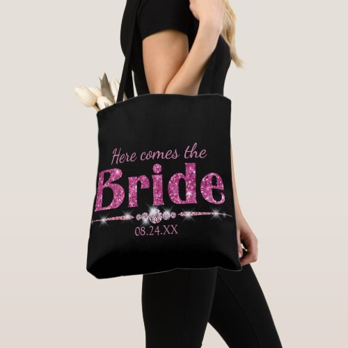 Hot Pink Glitter Bride and Diamonds on Black Tote Bag