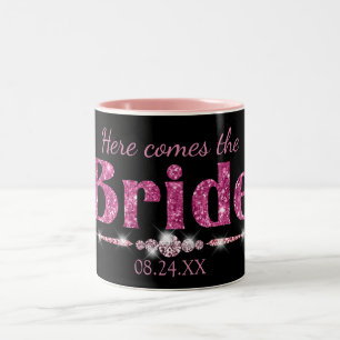Hot Pink Glitter Bride and Diamonds on Black Two-Tone Coffee Mug