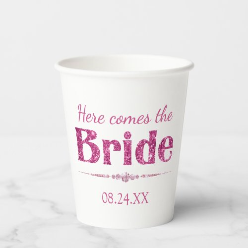 Hot Pink Glitter Bride and Diamonds Paper Cups