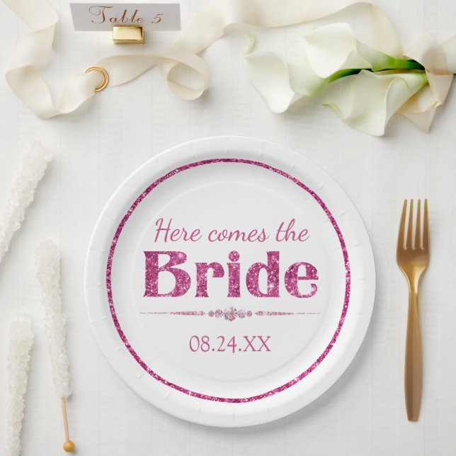 Hot Pink Glitter Bride and Diamonds Paper Plates (Wedding)