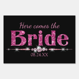Hot Pink Glitter Bride Bachelorette on Black Sign
