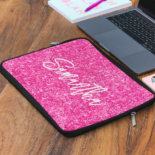 Hot Pink Glitter Brush Script Name Laptop Sleeve