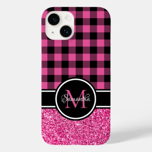 Hot Pink Glitter Buffalo Plaid Monogram Case_Mate iPhone 14 Case