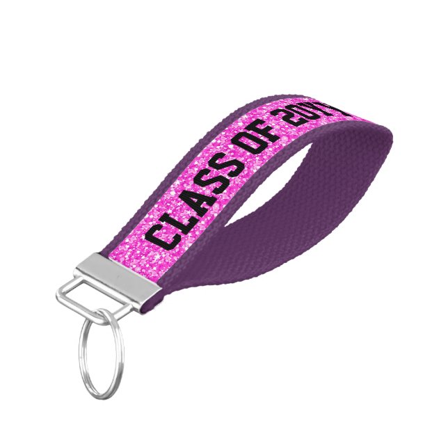 Hot Pink Glitter Class Of 2017 Graduation Design Wrist Keychain (Angled Down)