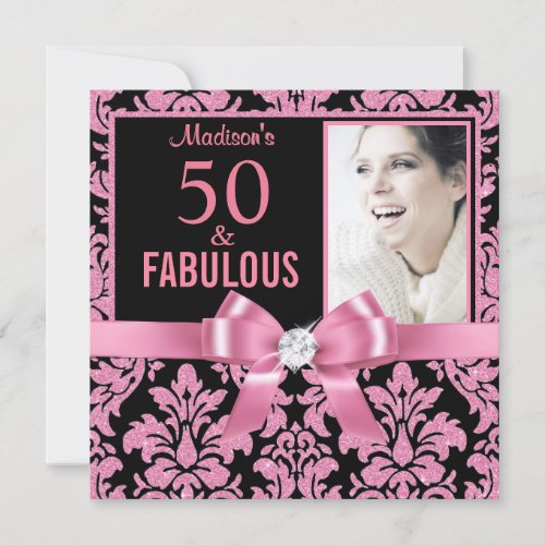 Hot pink glitter damask 50th Birthday Invitation