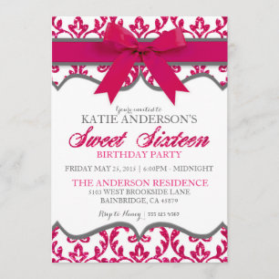 Hot Pink Glitter Damask Sweet Sixteen Invitation