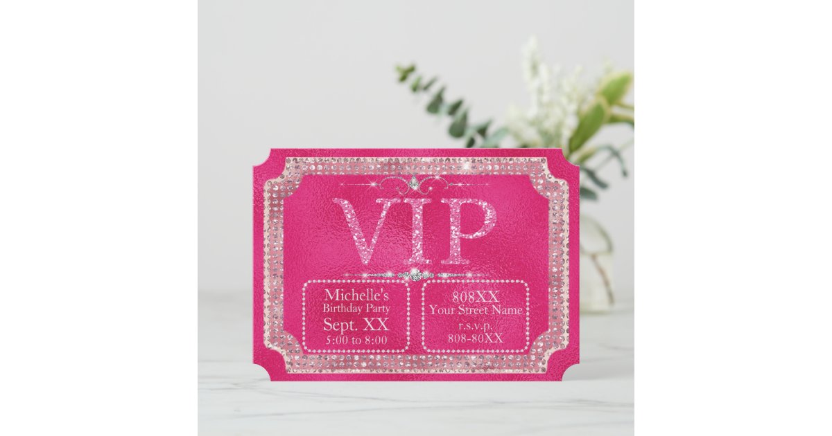 Hot Pink Glitter & Diamonds VIP Ticket Invitation | Zazzle