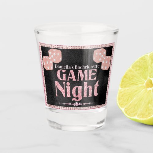 Hot Pink Glitter Dice Ladies Game Night on Black Shot Glass