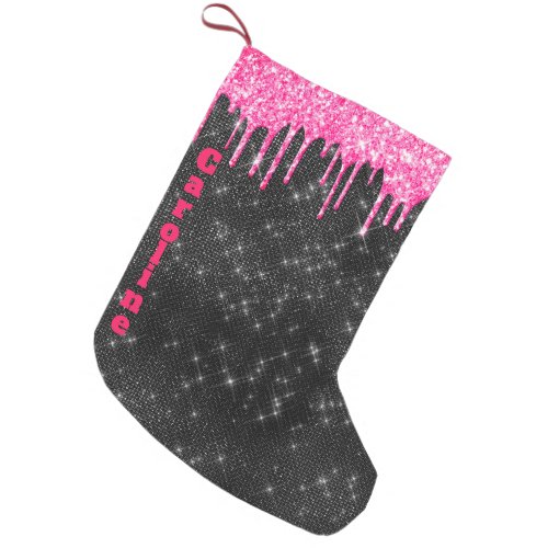 Hot Pink Glitter Drip Black Sparkle Custom Name Small Christmas Stocking