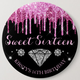 Hot Pink Glitter Drip Diamond Sweet Sixteen Button