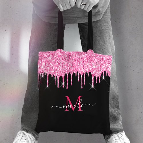 Hot Pink Glitter Drip Monogram Name Black Tote Bag