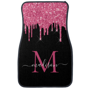 Hot Pink Glitter Dripping Sparkle Black Monogram Car Floor Mat