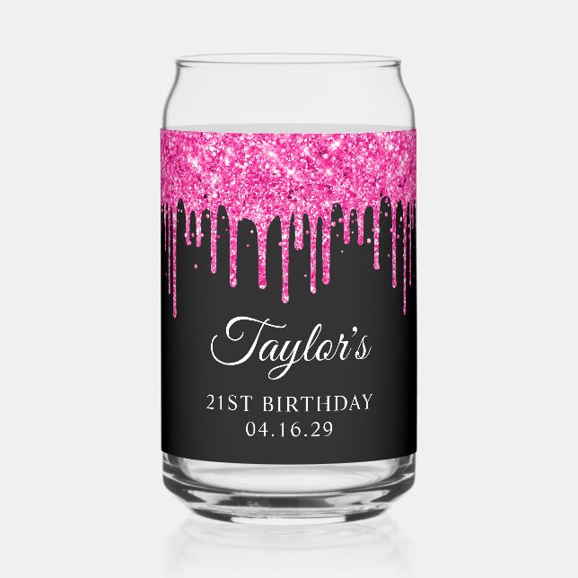Hot Pink Glitter Drips Black 21st Birthday Can Glass (Front)