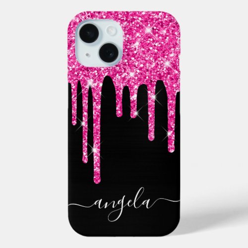 Hot Pink Glitter Drips Black Glam Signature iPhone 15 Case