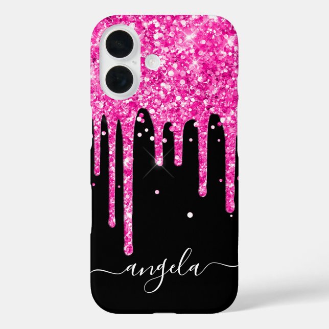 Hot Pink Glitter Drips Black Glam Signature Case-Mate iPhone Case (Back)