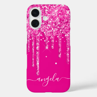 Hot Pink Glitter Drips Glam Signature iPhone 16 Case
