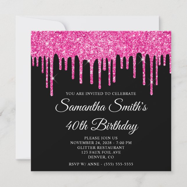 Hot Pink Glitter Drips on Black 40th Birthday Invitation (Front)