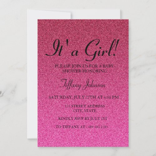 Hot Pink Glitter Faux its Girl Baby Shower Invite