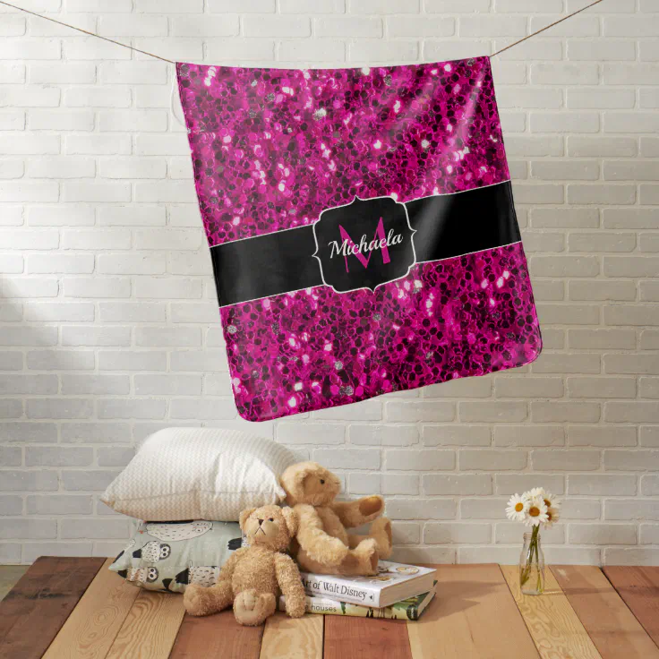 Hot pink glitter faux sparkles black Monogram Baby Blanket Zazzle