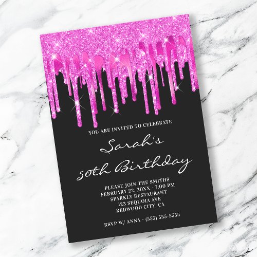 Hot Pink Glitter Foil Drips Black 50th Birthday Invitation