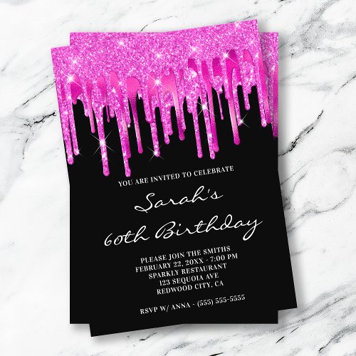 Hot Pink Glitter Foil Drips Black 60th Birthday Invitation