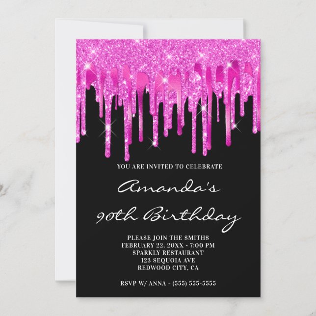 Hot Pink Glitter Foil Drips Black 90th Birthday Invitation (Front)