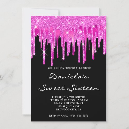 Hot Pink Glitter Foil Drips Black Sweet Sixteen Invitation