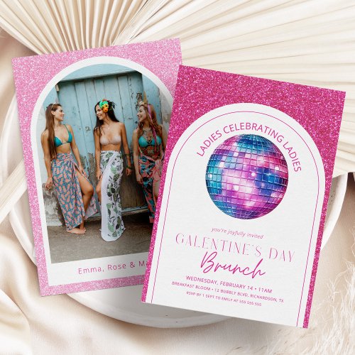 Hot Pink Glitter Galentines Day Brunch Invitation