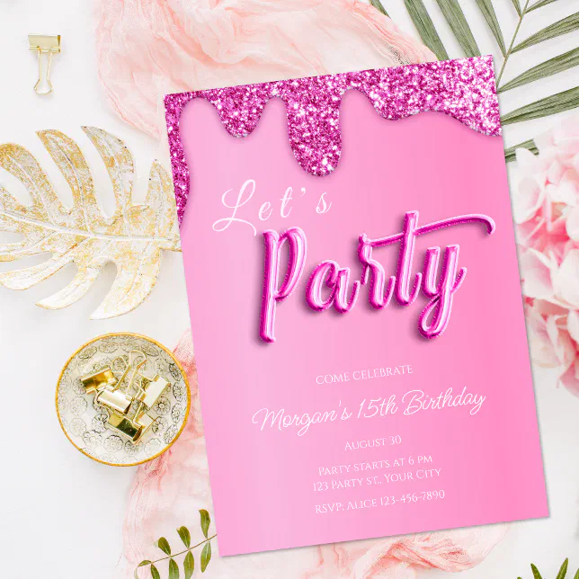 Hot Pink Glitter Girly Birthday Party Invitation Zazzle