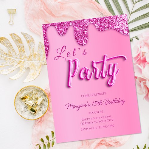 Hot Pink Glitter Girly Birthday Party Invitation