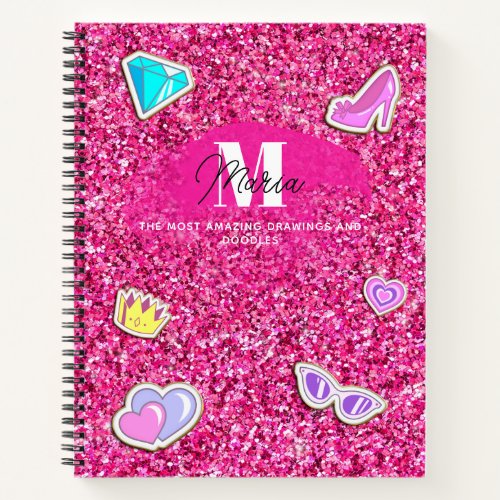 Hot Pink Glitter Girly Monogram Name Sketchbook Notebook