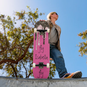 Hot Pink Glitter Girly Sparkle Personalized Name Skateboard