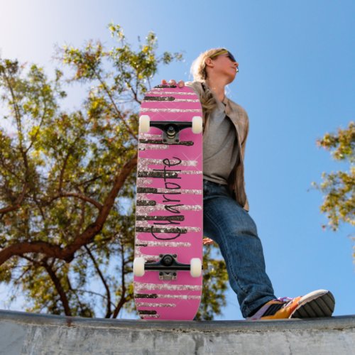 Hot Pink Glitter Girly Sparkle Personalized Name Skateboard