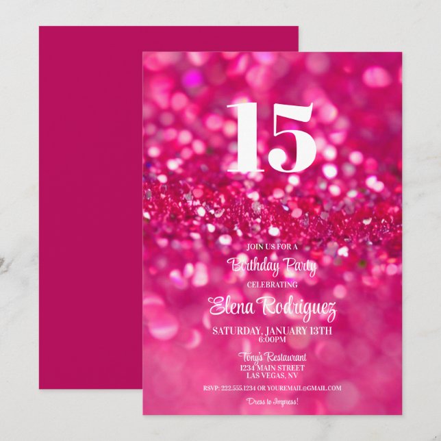 Hot Pink Glitter Glam 15th Birthday Invitation (Front/Back)