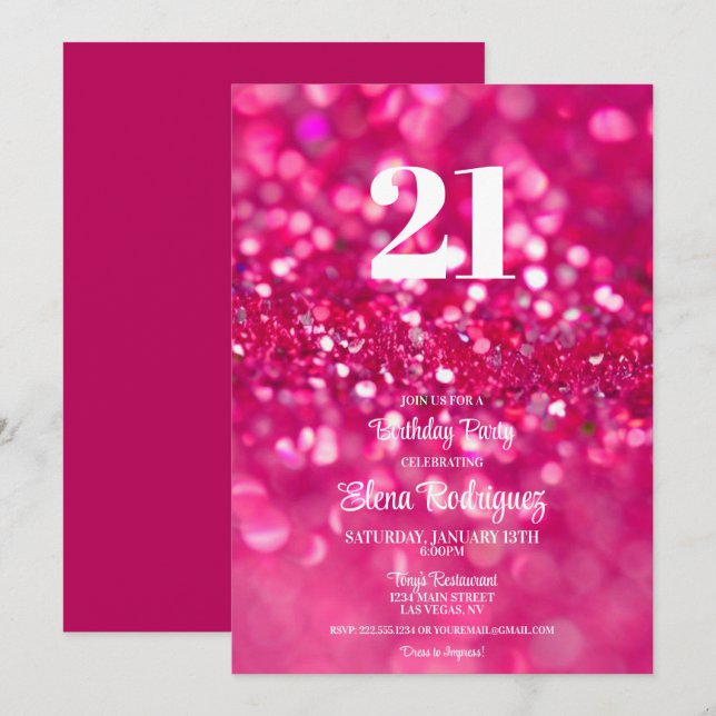 Hot Pink Glitter Glam 21st Birthday Invitation (Front/Back)