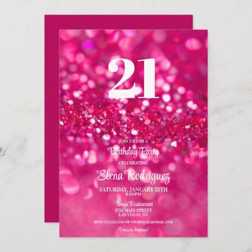 Hot Pink Glitter Glam 21st Birthday Invitation
