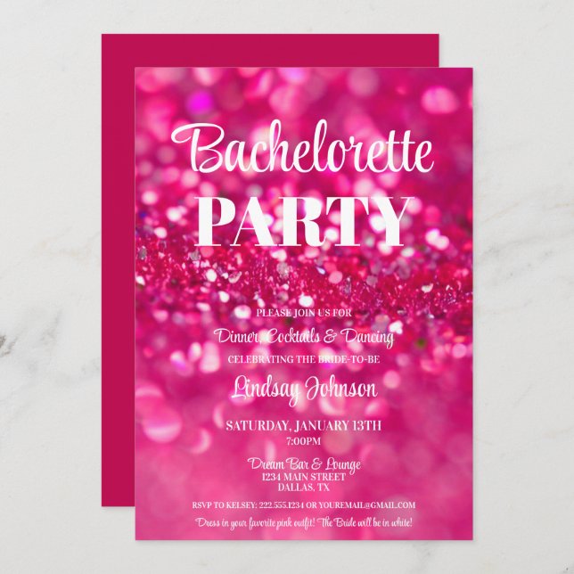 Hot Pink Glitter Glam Bachelorette Party Invitation (Front/Back)