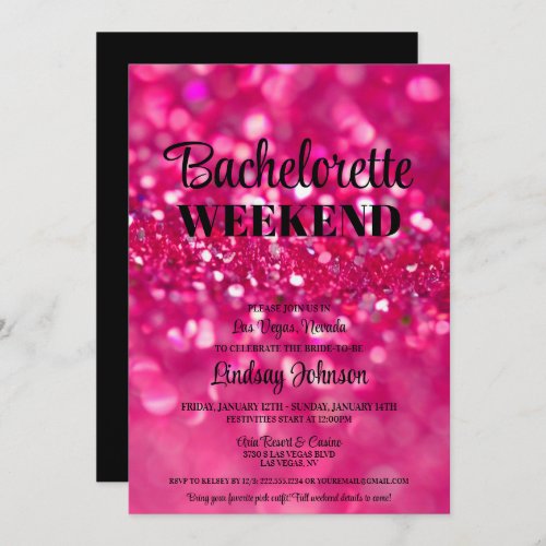 Hot Pink Glitter Glam Bachelorette Party Weekend Invitation