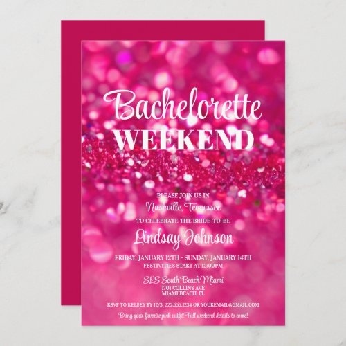 Hot Pink Glitter Glam Bachelorette Party Weekend Invitation