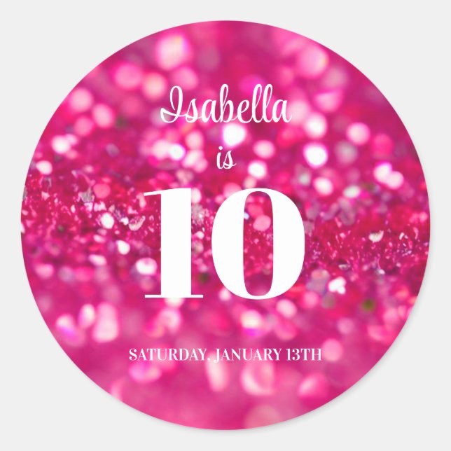 Hot Pink Glitter Glam Personalized 10th Birthday Classic Round Sticker (Front)