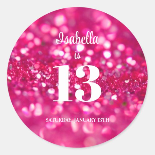 Hot Pink Glitter Glam Personalized 13th Birthday Classic Round Sticker