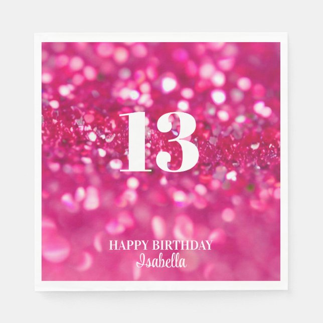 Hot Pink Glitter Glam Personalized 13th Birthday Napkins (Front)