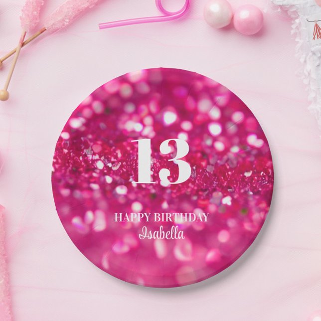 Hot Pink Glitter Glam Personalized 13th Birthday Paper Plates (Hot Pink Glitter 13th Birthday Party Paper Plates, Party Table Decorations)