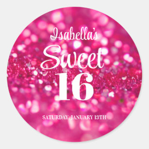 Hot Pink Glitter Glam Sweet 16 Birthday Classic Round Sticker