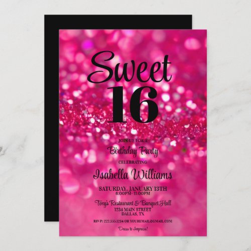 Hot Pink Glitter Glam Sweet 16 Birthday Invitation