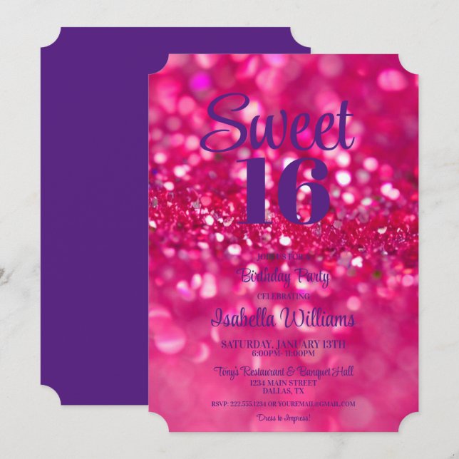 Hot Pink Glitter Glam Sweet 16 Birthday Invitation (Front/Back)